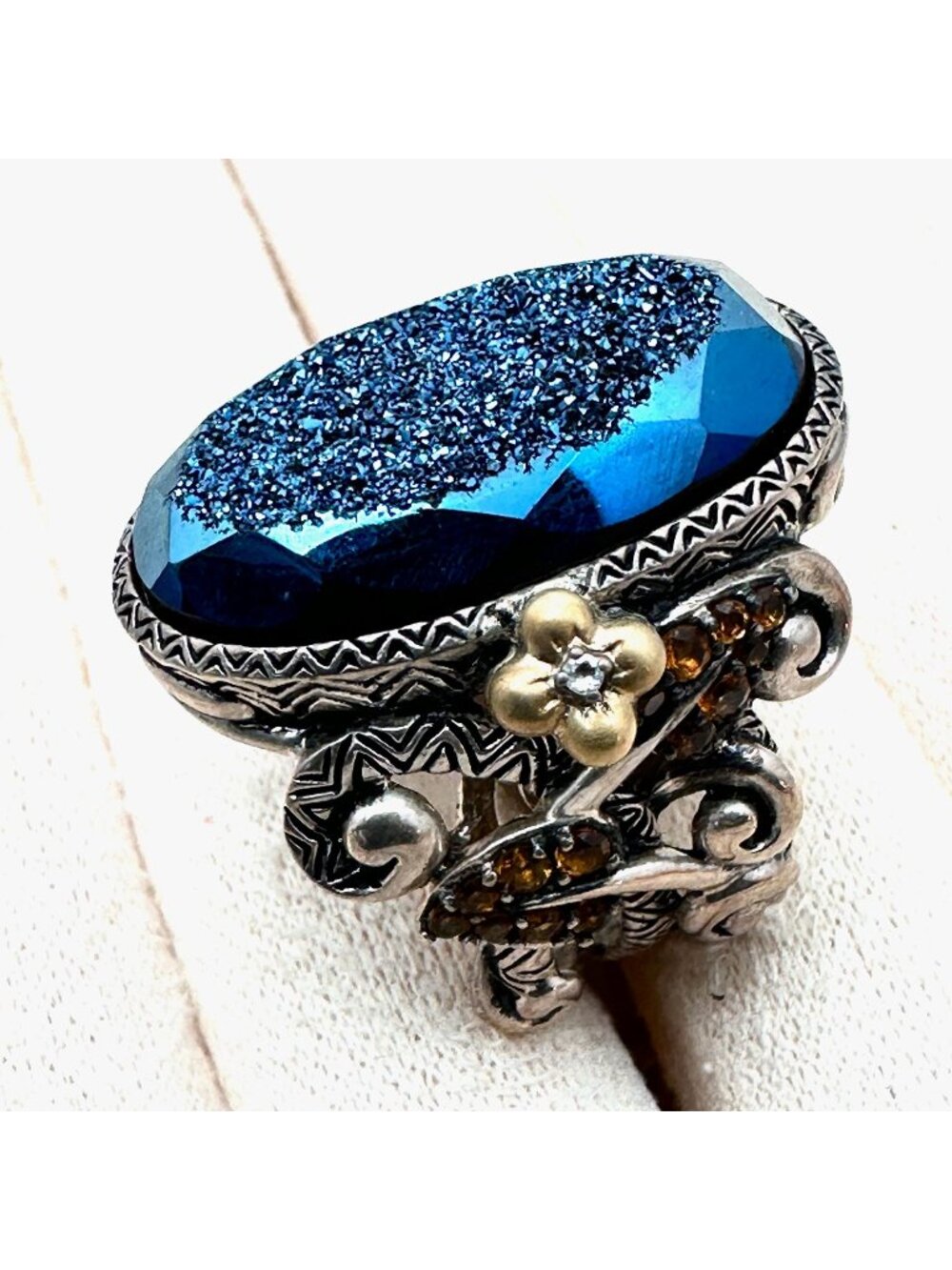 Barbara Bixby Ring Sterling Silver 18K Gold Size 7 Blue Druzy Quartz